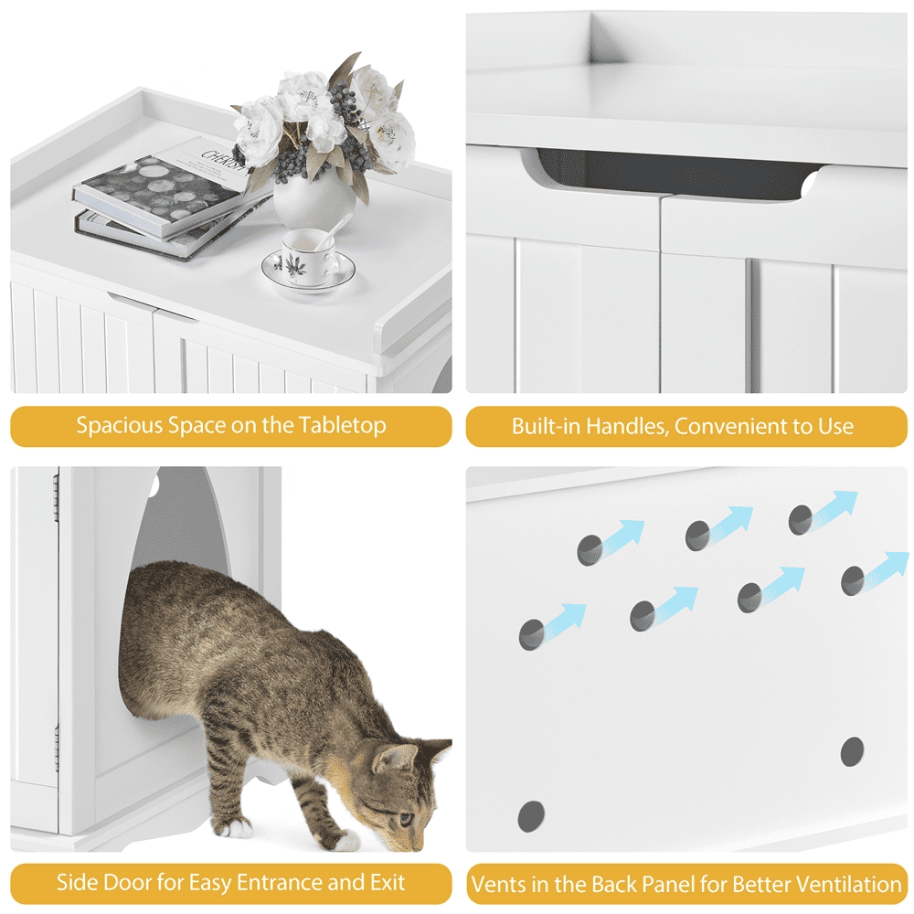Alden Design Wooden Pet Litter Box for Pets Cat Hidden Washroom Bathroom with Door, White