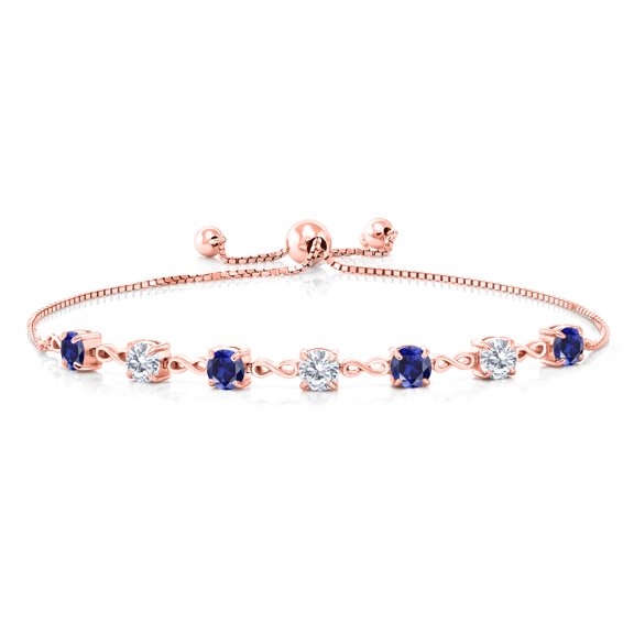 Gem Stone King 18K Rose Gold Plated Silver Blue Created Sapphire and White Moissanite Tennis Bracelet for Women (2.39 Cttw, Round 4.5MM, Fully Adjustable up to 9 inch)