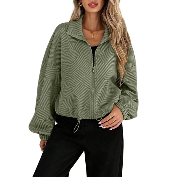 Chaqueta de Béisbol Holgada Informal con Cuello Alto, Cremallera y Dobladillo con Cordón Ajustable para Mujer. Verde XL