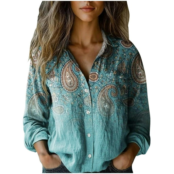Vestidos Casuales Para Mujer, Blusas De Mujer De Moda Camisa informal holgada de manga larga con estampado de imitación de lino para mujer