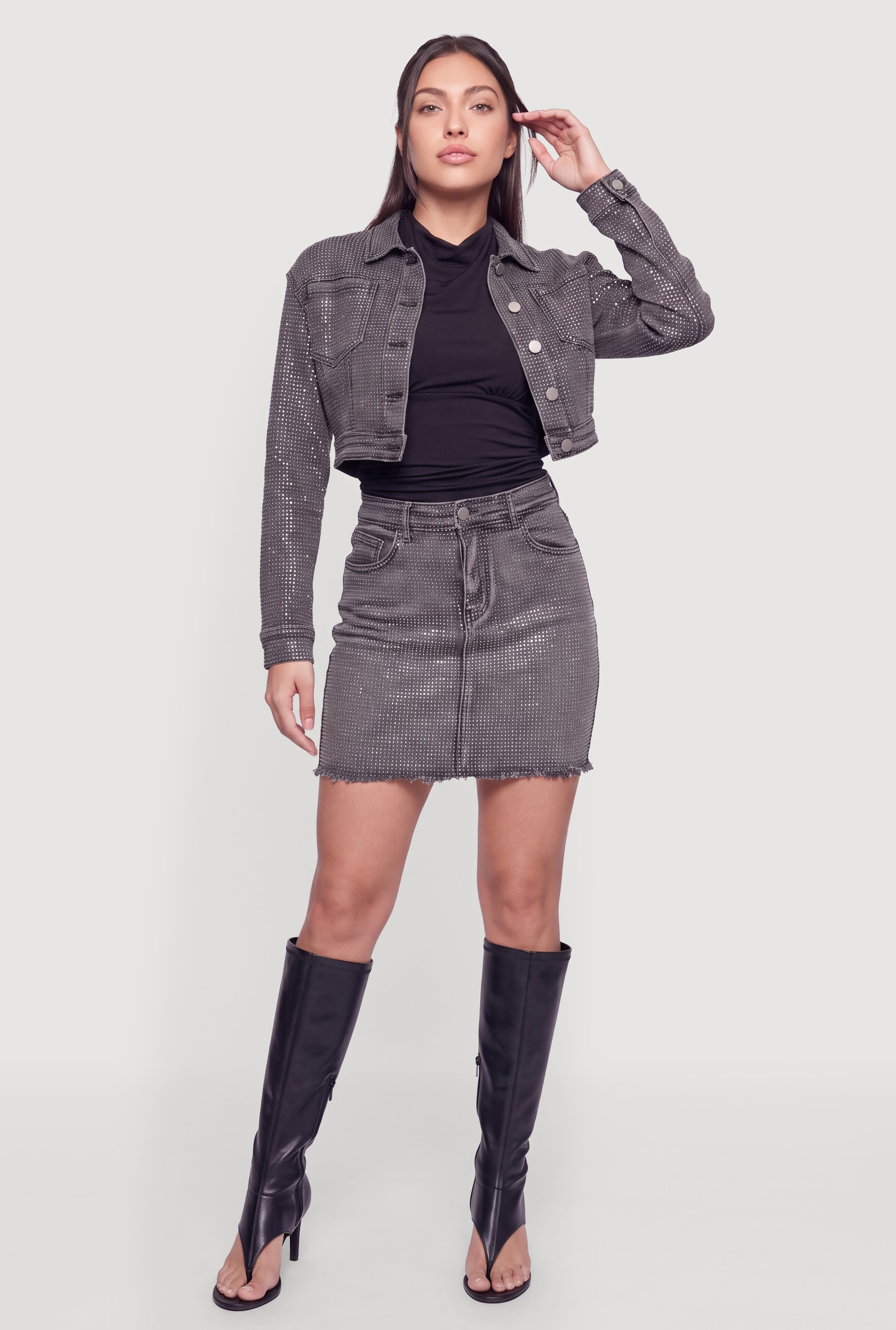 Women's Rhinestone Cropped Denim Jacket