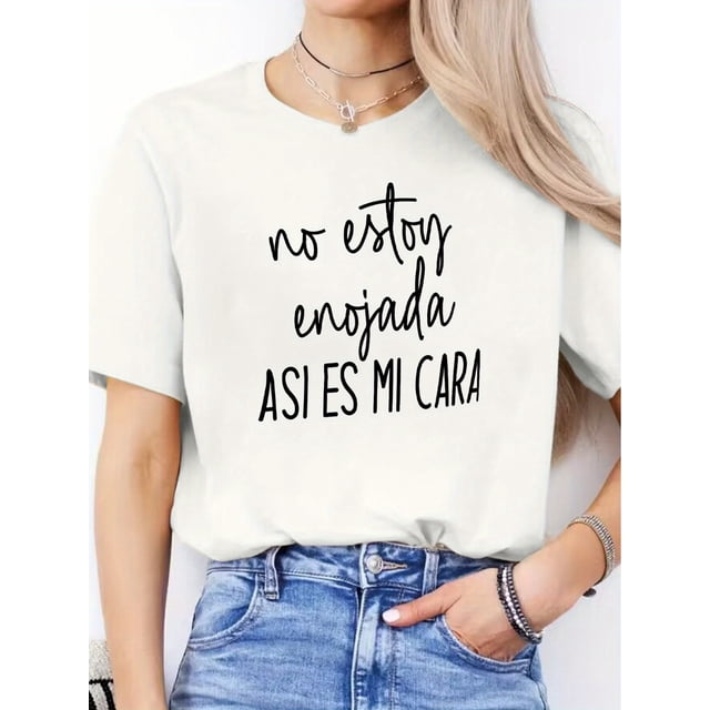 Spanish Alphabet Print T-Shirt - Soft, Breathable, Round Neck, Short Sleeve for Women, Casual Sports Top