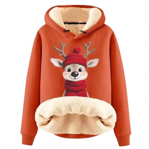 Telankuip Sherpa Lined Christmas Hoodies for Women Fall Winter Cute Xmas Elk Graphic Print Long Sleeve Pullover Sweatshirts Oversized Thick Warm Comfy Casual Tops Orange XL