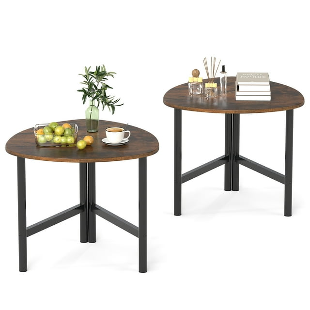 Gymax 2PCS Triangle Coffee Table w/Metal Legs Industrial Center Table for Living Room Rustic Brown