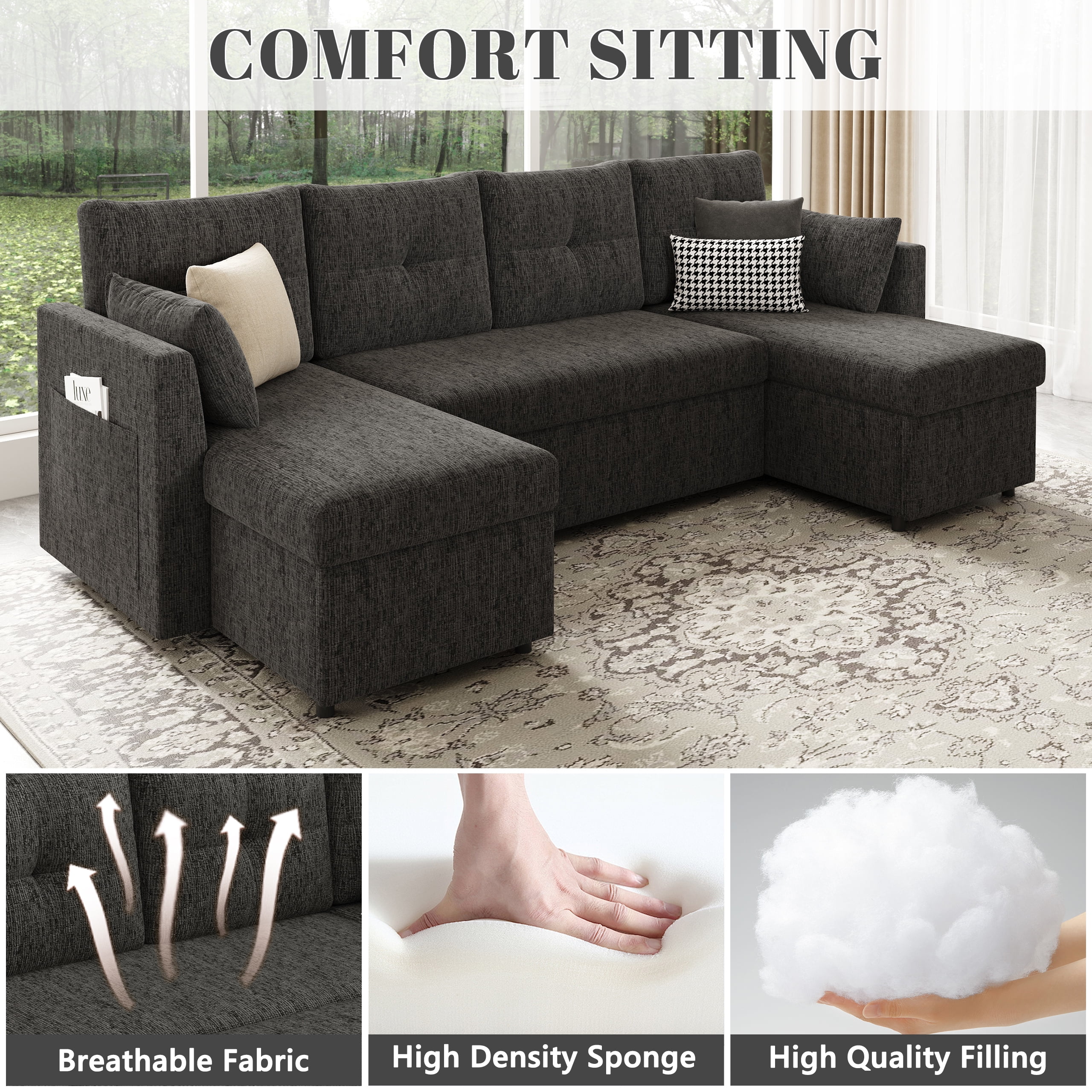Mangodan 110 inch Sectional Oversized Sleeper Sofa with Side Pocket , Pullout Couch Bed with Double Storage Chaise, Black
