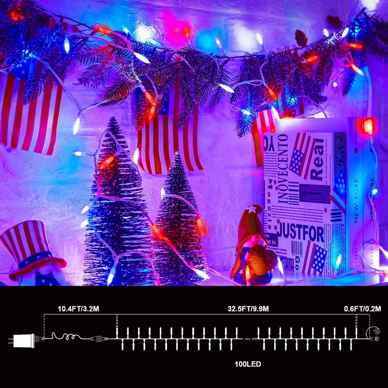 2 Pack Red Blue White Christmas Mini Lights, 32.5FT 100 LED Clear Bulbs String Lights with 16 Light Modes, Fairy Lights Plug in for Outdoor Xmas Trees Garland Wreath Holiday Decorations