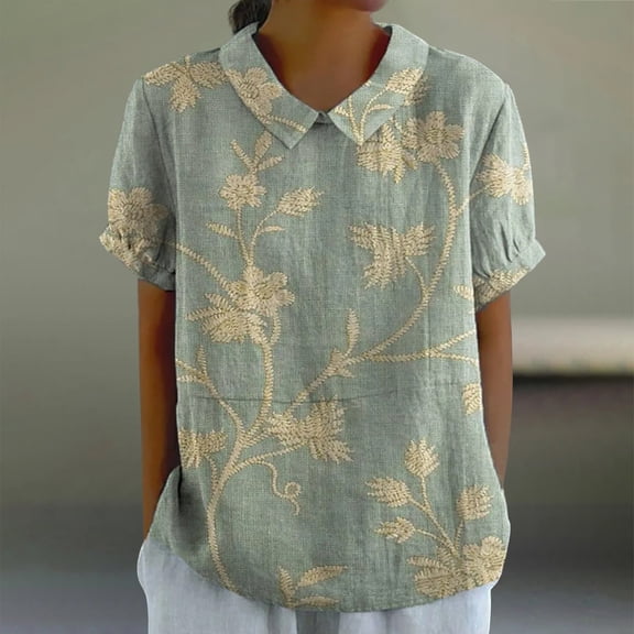 Green Womens Tops Women's Linen Lapel Art Floral Round Neck Button Loose Pullover Top Casual Shirt T Shirt Going Out Tops for Women