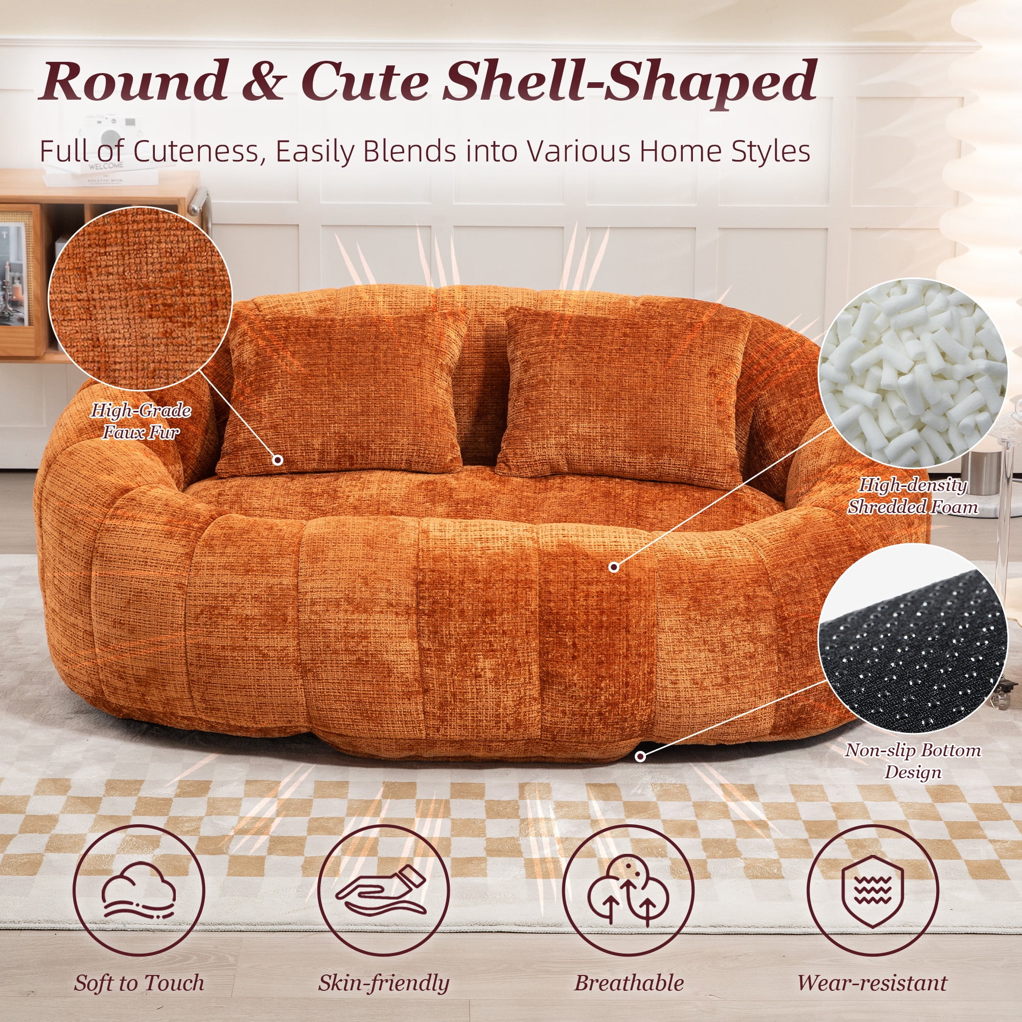 MOONMISS Large 59'' Bean Bag Chair for Adults,Chenille Shell-Shaped Couch with Two Pillows,Oversized Single Sofa,Orange