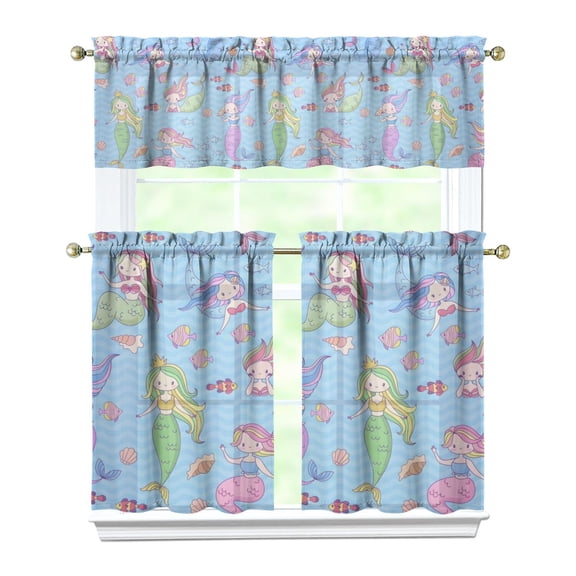 Kitchen Curtains 36 Inch Short - 3 Panel Set, Mermaid Ocean Underwater Coral Design, Rod Pocket Window Curtain, 100% Polyester, Easy Wash for Farmhouse, Nautical Kitchen, Bathroom