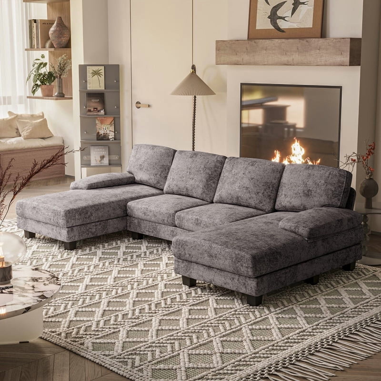 Furmax U Shaped Sectional Sofa Couch with Double Chaise for Apartments,Chenille Gray