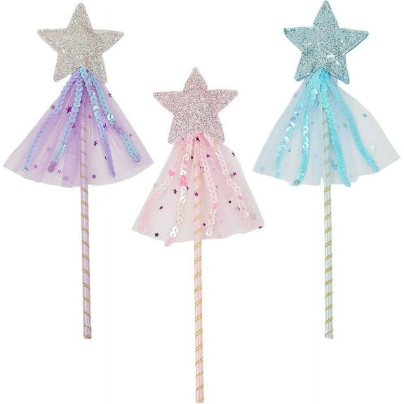 3Pcs 3 Colors Glitter Fairy Wand Star Princess Wand Colorful Polyester Sequin Magic Sprinkle Light Up Angel Fairy Wands Decoration for Birthday Dress Up Role Play Party Favor Women Gift Colorful DIY