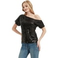 thumbnail image 4 of Womens Short Sleeve One Shoulder Sparkly Glitter Sequin Top Shirt, 4 of 5