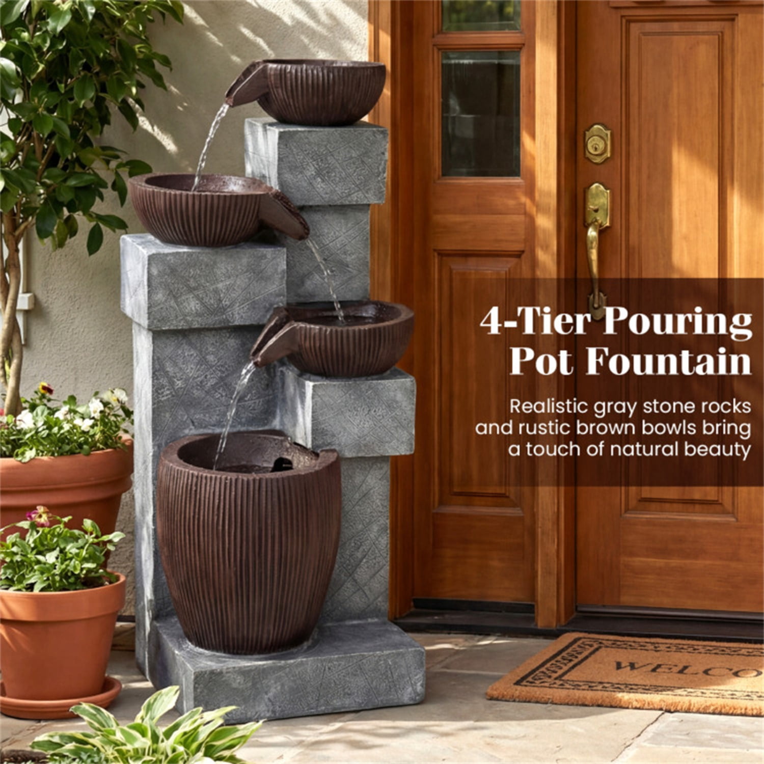 4-Tier Waterfall Fountain with LED Lights, Resin Fiberglass Outdoor Fountain with Adjustable Flow for Garden Patio