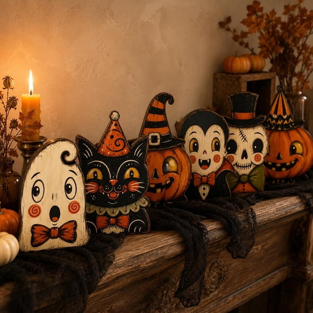 Vintage Halloween Wooden Character Tabletop Decor - Retro Pumpkin