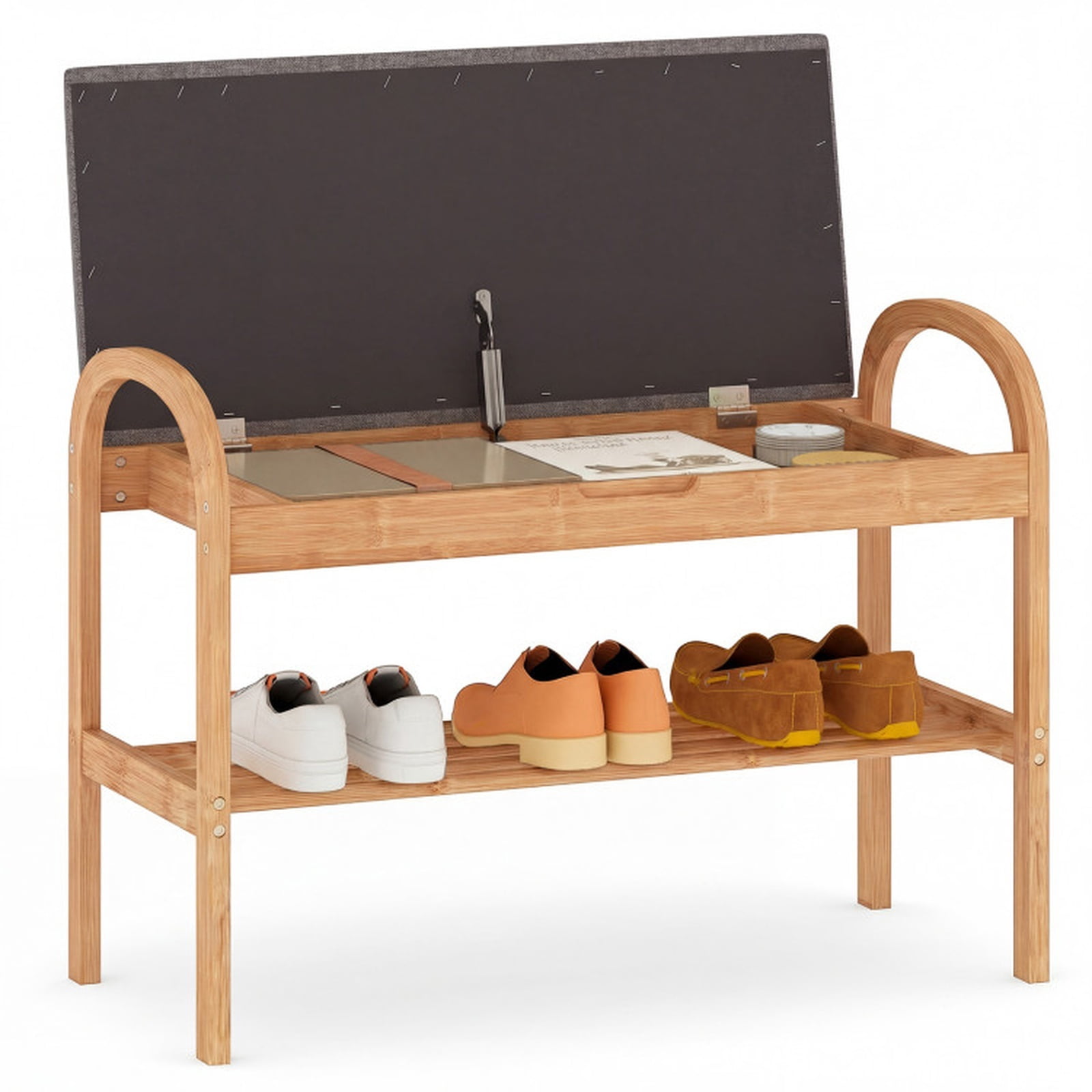 Furnibear 2 Tier Bamboo Shoe Bench with Hidden Storage Compartment and Padded Cushion for Entryway Shoe Storage Seating, Gray