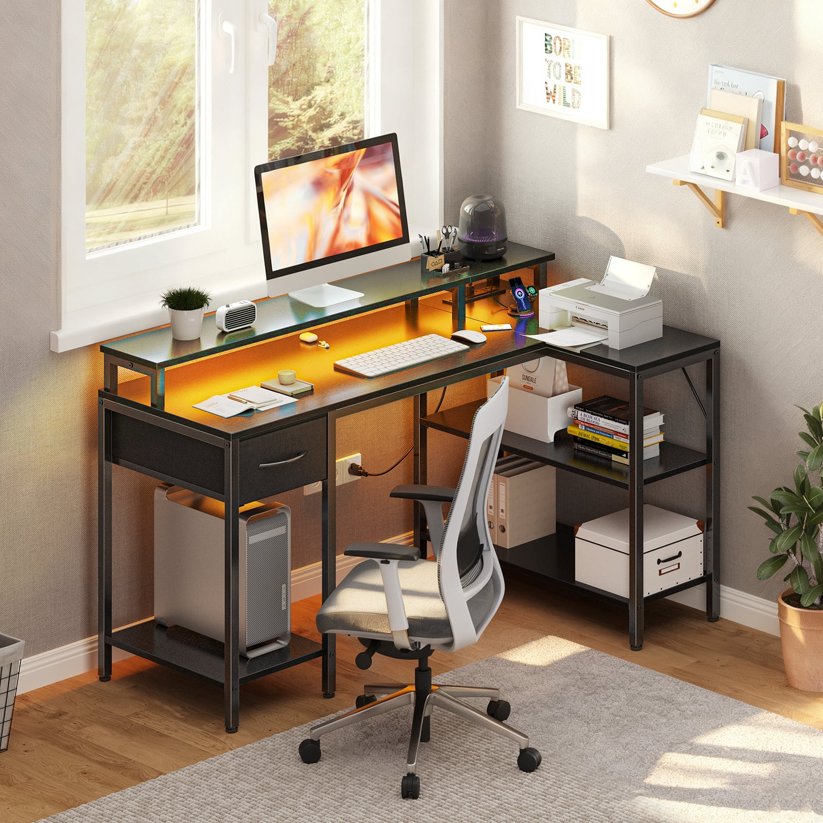Sweetcrispy 47" L Shaped Computer Gaming Desk with USB Charging Ports & LED Lights, Reversible Corner Table with Power Outlets Monitor Stand for Home Office, Black