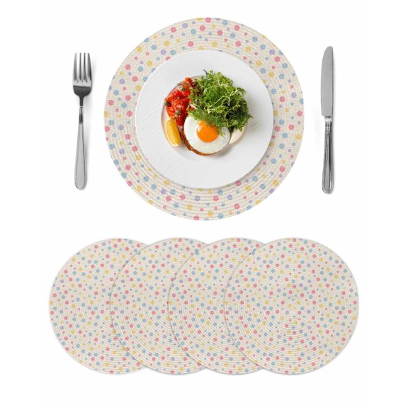 Colorful Polka Dot Round 13 Inch Placemats Set of 4, Vintage Minimalist Geometric Beige HeatResistant Non Slip Place Mats for Dining Table, Wipeable Braided Kitchen Table Mats for Housewarming