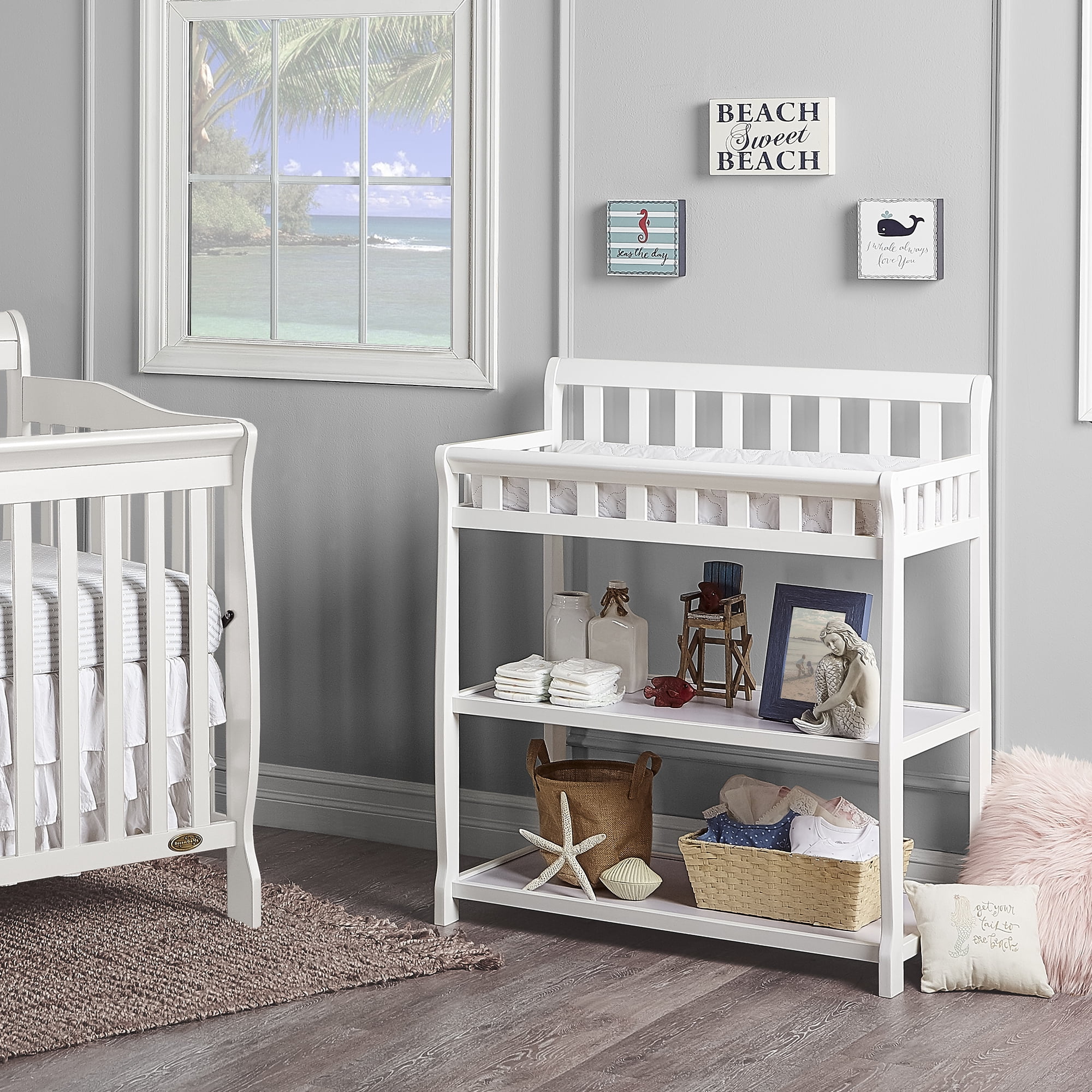 Nursery Essentials Bundle of Dream On Me Ashton 5-in-1 Convertible Crib, Dream On Me Ashton Changing table, with a Dream On Me Honeycomb Orthopedic Firm Fiber Standard Crib Mattress In White