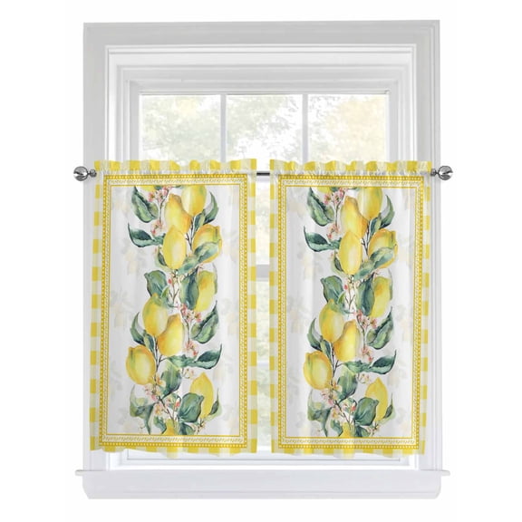 Yellow Lemon Bathroom Window Curtain, Summer Botanical Plaid Elegant Pastoral Light Filtering Coffee Kitchen Curtains, Bedroom Living Room Curtains 2 Panel 84"x54"