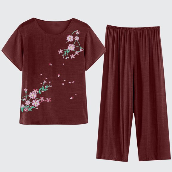 Njoeus Pajama Sets for Women 2 Piece, Pajama Pants Women Women's Floral Pajamas Sets Lounge Short Sleeve Top with Capris Pants Sleepwear 2 Piece Cotton Linen Set Matching Sets Women Clothing On Cleara