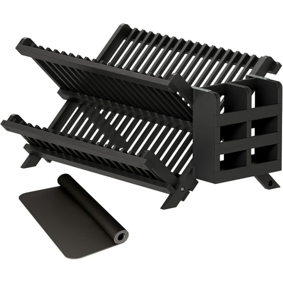 Black Bamboo Dish Drying Rack with Cutlery Holder, 2-Tier Foldable Dish Rack, Wooden Dish Rack for Kitchen Countertops, Folding Drying Rack with Absorbent Dish Drying Mat