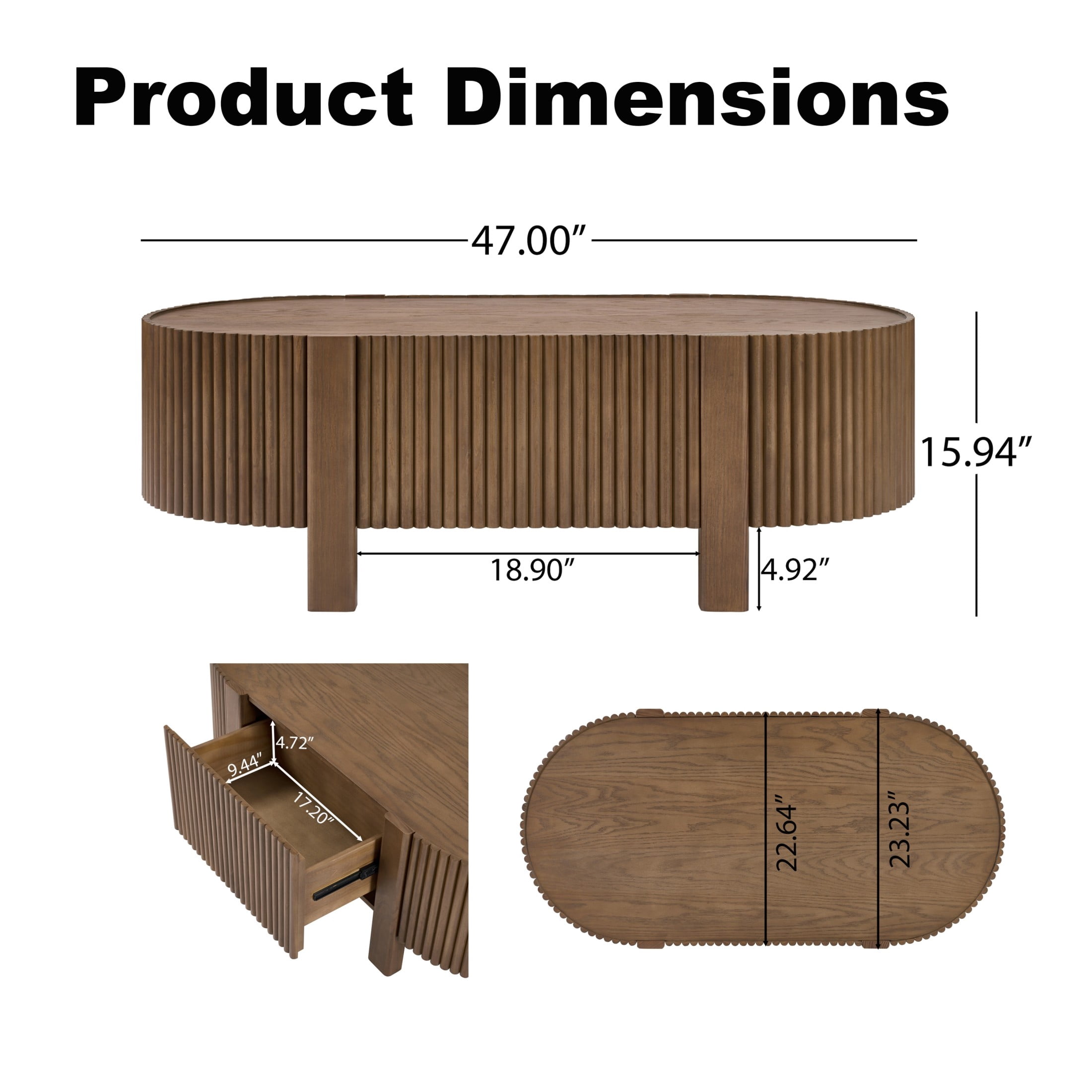 Christopher Knight Home 47" Modern Mid-Century Oval Fluted Coffee Table with Hidden Drawer, Walnut
