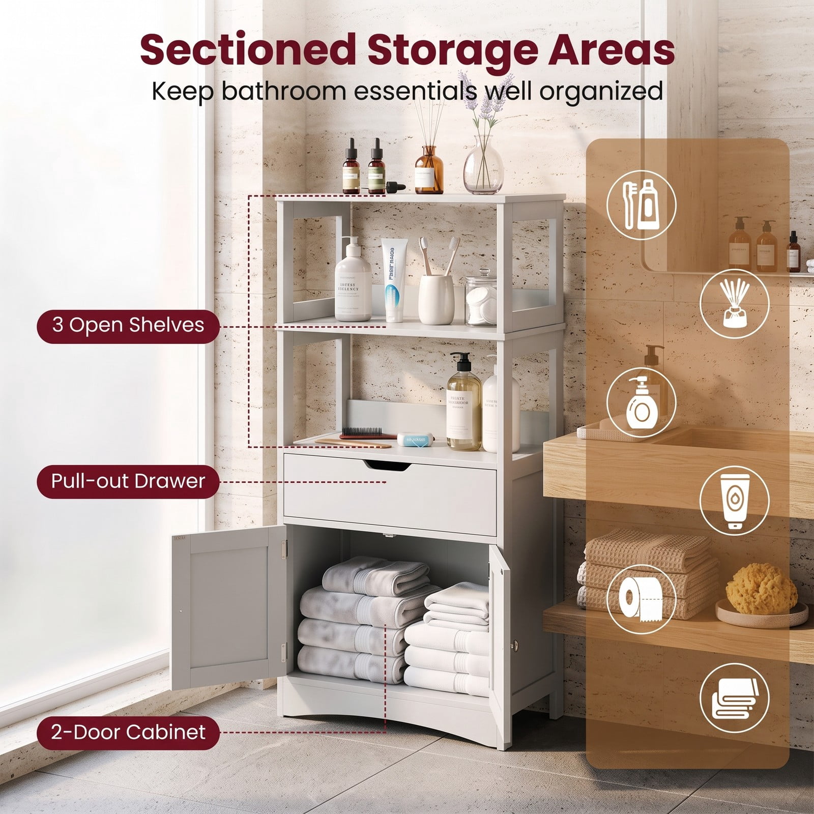 Fenbeli Bathroom Storage Cabinet, Freestanding Floor Cabinet with 3 Open Shelves, Pull-Out Drawer & 2 Doors, Anti-Toppling Wooden Organizer for Bathroom Kitchen, Gray