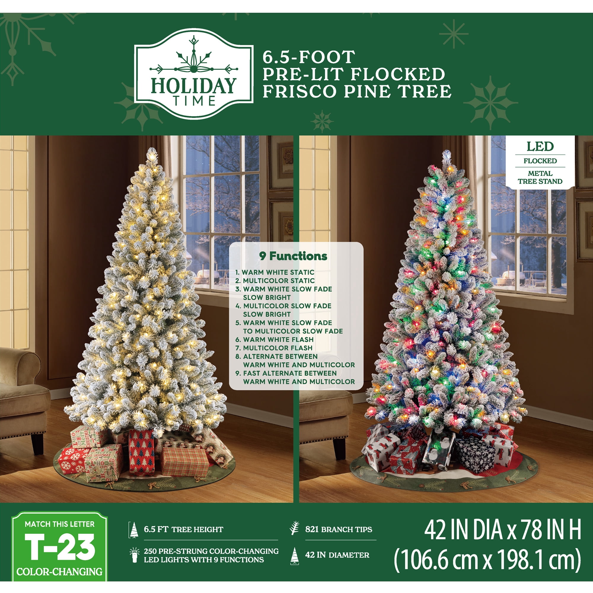 Holiday Time 6.5ft Prelit Green Flocked Frisco Pine Artificial Christmas Tree with 250 Color-changing LED Lights