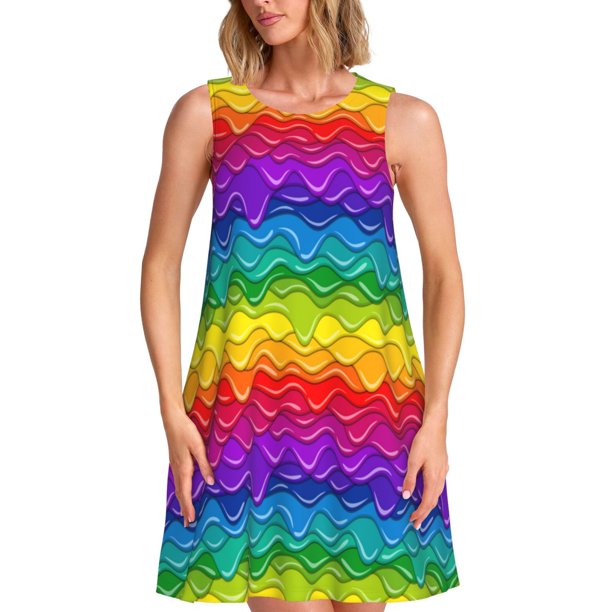 Balery Bright Rainbow Vestidos de verano para mujer con estampado: vestido holgado sin mangas, vestido playero informal y cómodo para días calurosos.