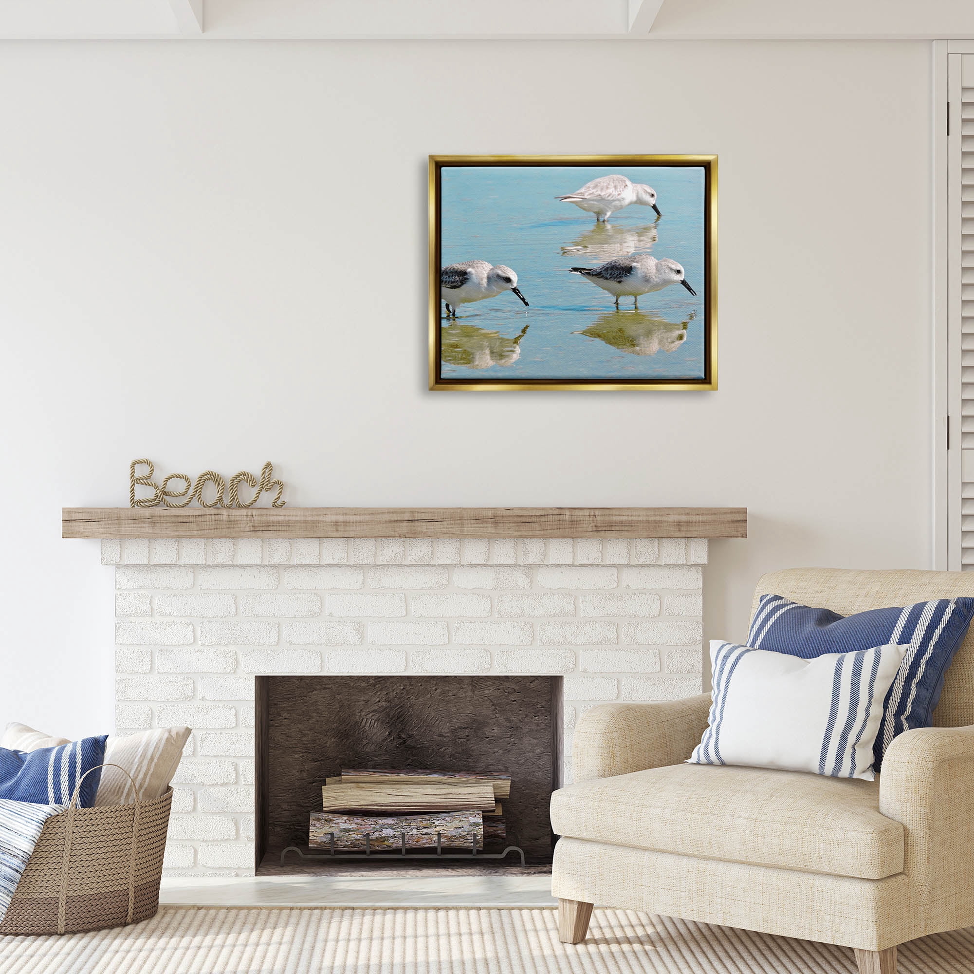Stupell Industries Sandpipers Shallow Water Reflection Coastal Photography Gold Floater Framed Art Print Wall Art