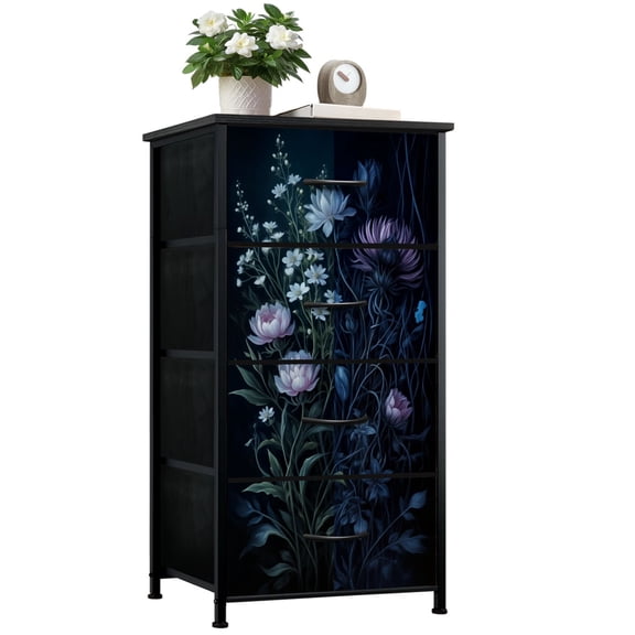 Gothic Dresser for Bedroom with 4 Storage Drawers Dark Academia Vintage Moody Flowers Apothecary Dressers Chest of Drawers Steel Framed Fabric Closet Organizers for Dorm Entryway