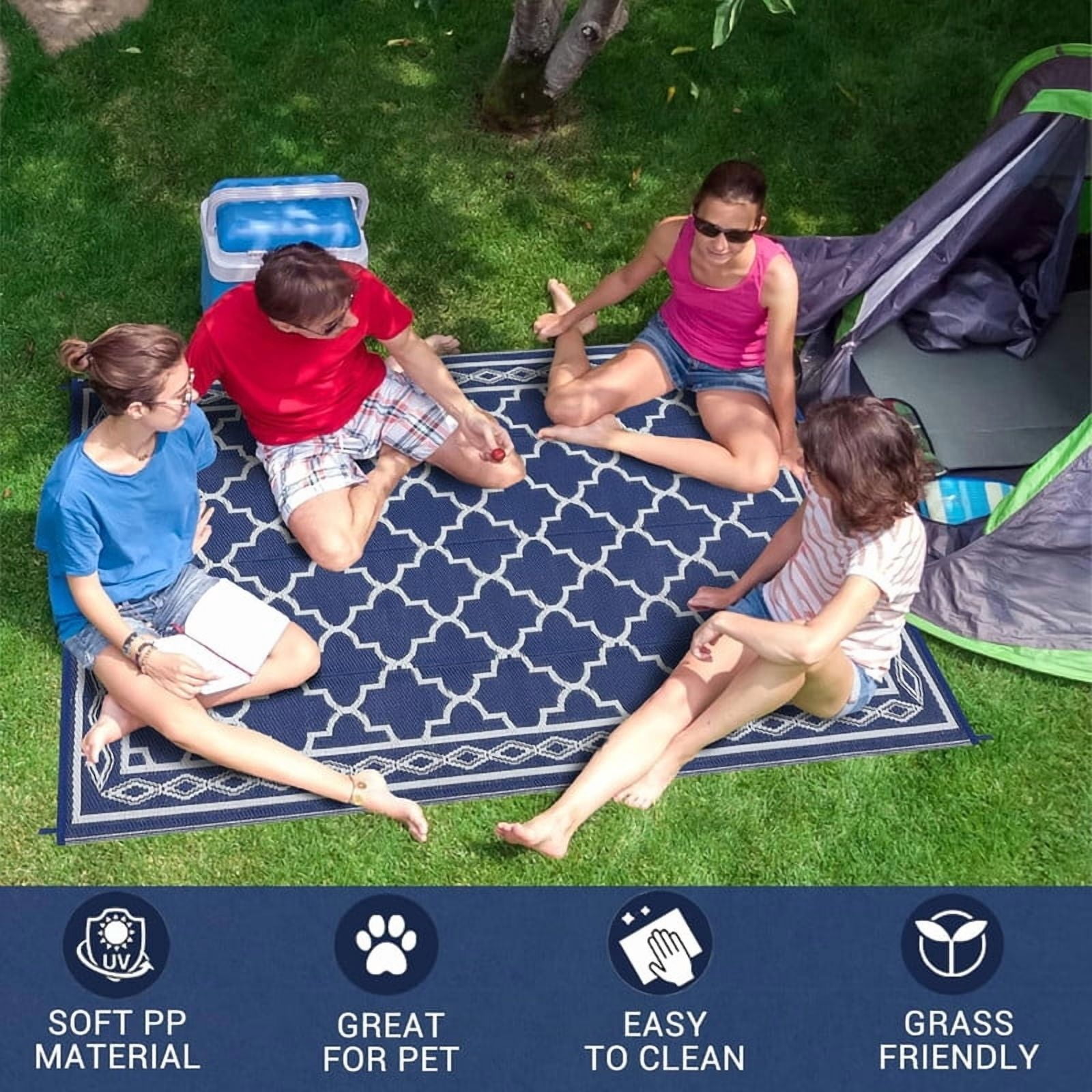 Outdoor Rug 8x10 Reversible Mats, Plastic Straw Rug, Large Floor Mat and Rug for Outdoors, Modern Area Rug, Patio, Backyard, Deck, Picnic, Beach, Trailer, Camping, Navy/White(Geometric)