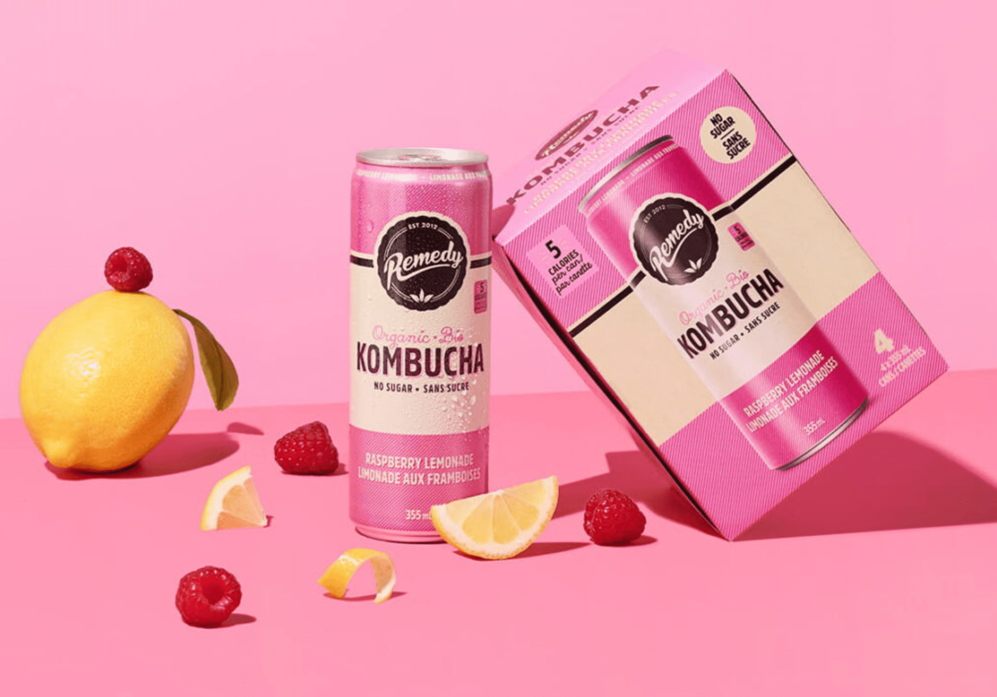 Bio, Sans Sucre, Naturel, Cru et Non Pasteurisé, Naturellement Caféiné Remedy Kombucha Raspberry Lemonade 4PK 4x355 ML