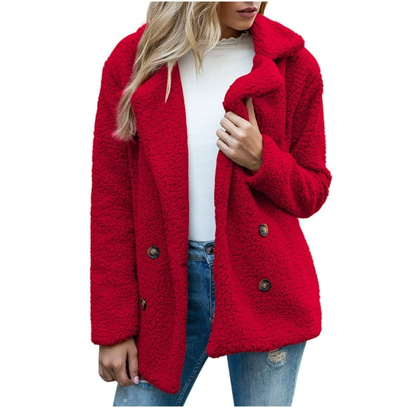 IROINID Women's Mid-Length Shearling Jacket Notch Lapel Solid Color Long Sleeve Loose Ladies Warm Jacket Winter Lamb Woolen Outerwear, Red
