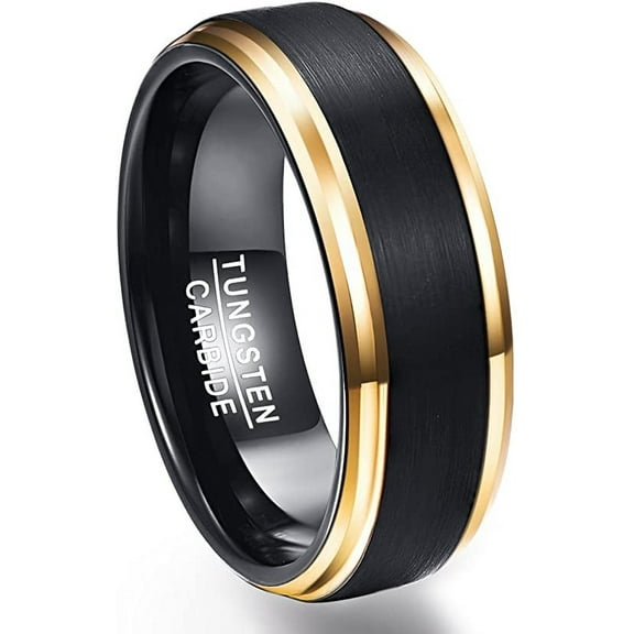 8mm Tungsten Rings with Black Gold Beveled Edges for Men Women Brushed Center Wedding Band Comfort Fit Size 6-15