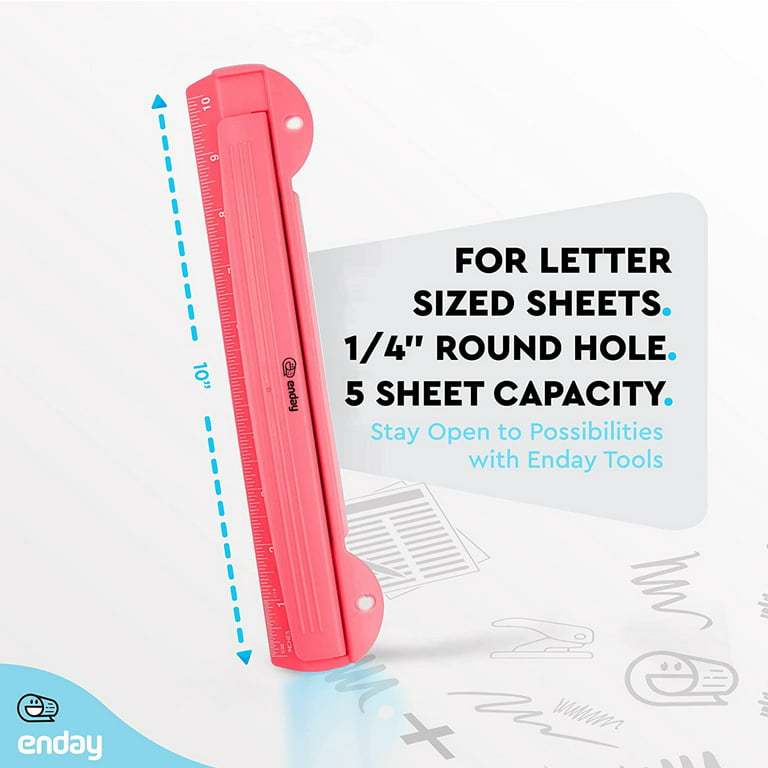 Enday 3 Ring Hole Punch with Plastic Ruler for 3 Ring Binder, Pink 1 Pack
