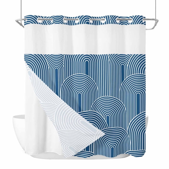 No Hook Navy Blue Ombre Shower Curtain with Snap in Liner Set, Farmhouse Stripes Modern Abstract Art Waterproof Fabric Bathroom Curtains with See Through Top Window, Hotel Style Modern 66 x 72 Inch