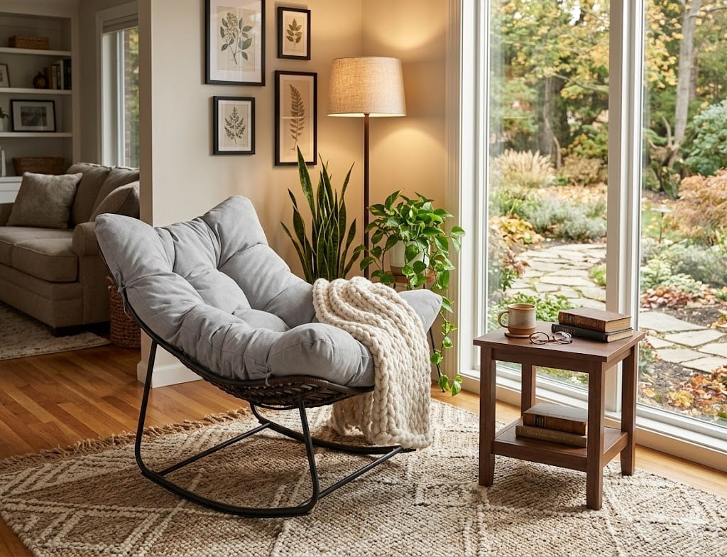 Oversized Papasan Rocking Chair with Footrest, Heavy Duty Wicker Patio Recliner Lounge Chair