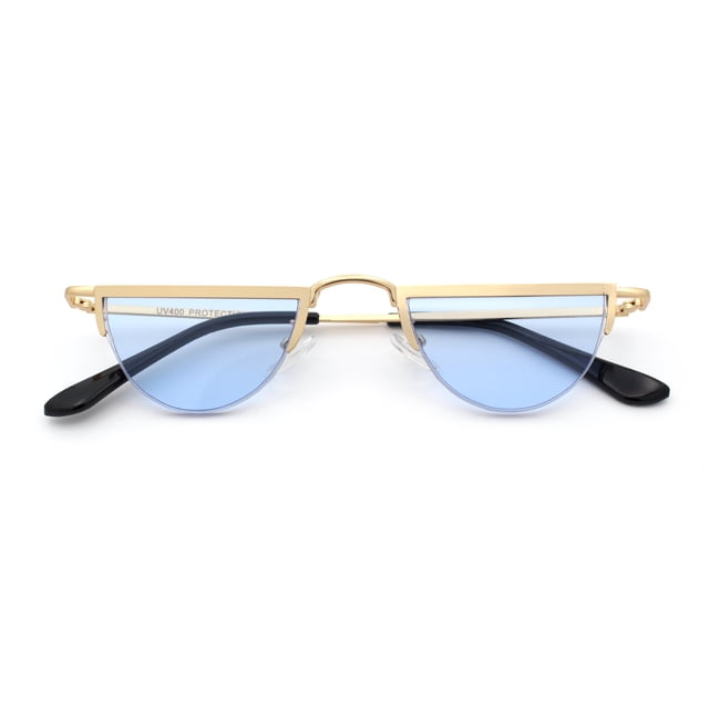 Lunettes de Soleil Hippie Funky Courtes Demi-Cercle à Monture Plate Demi-Métal Or - Bleu