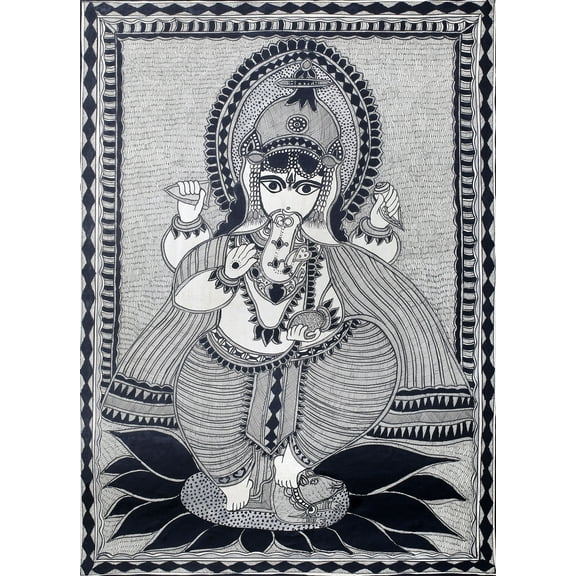 Bhagawan Ganesha Standing on His Mouse - Madhubani Painting on Hand Made Paper Treated with Cow Dung
