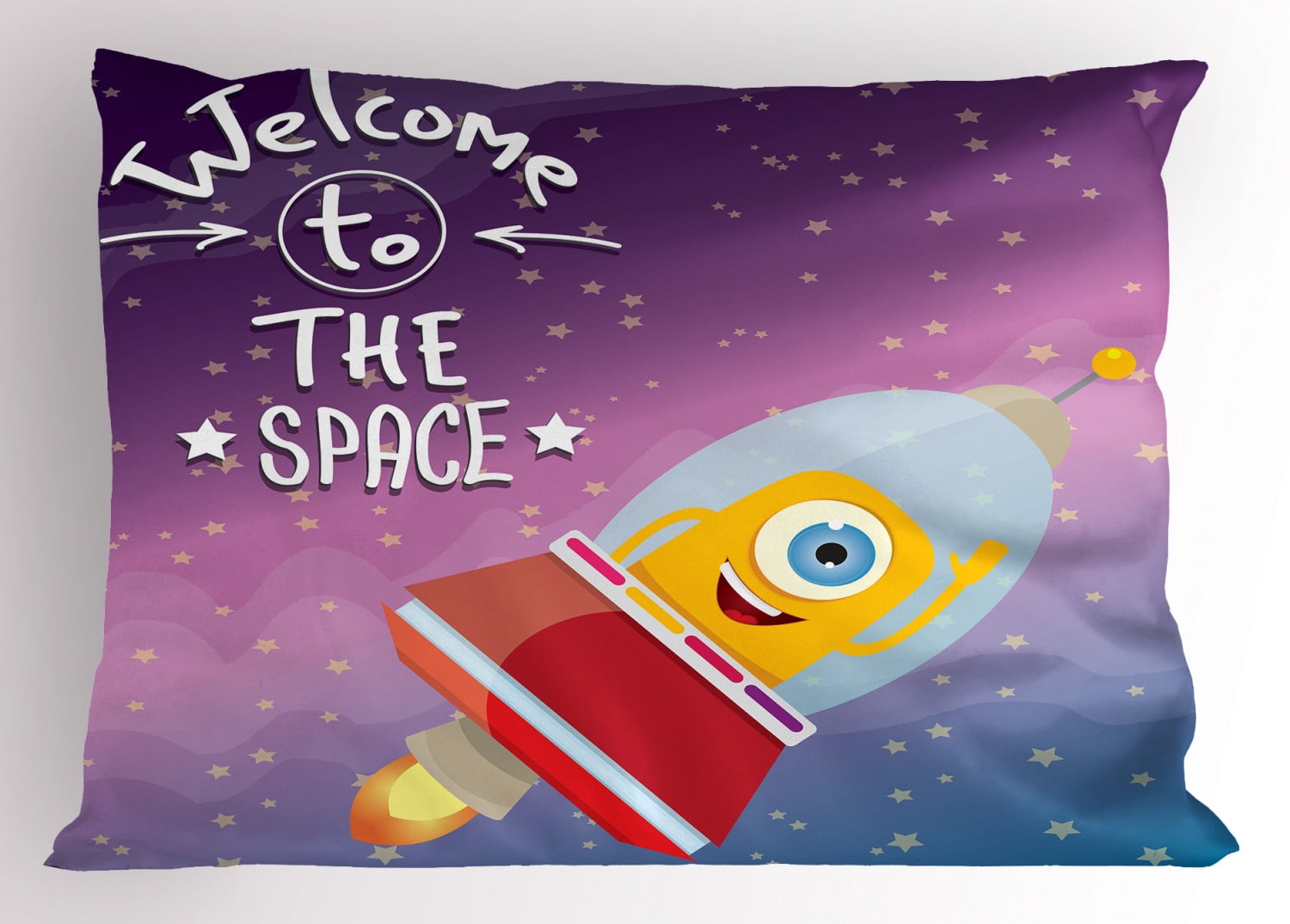 Outer Space Pillow Sham Quote Print with Retro Style Mascot