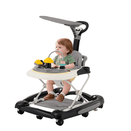 KFeng Grey 6-in-1 Foldable Baby Walker,Toy Tray,3-Level Height Adjustment,Wheels for 6 - 24 Months Infants