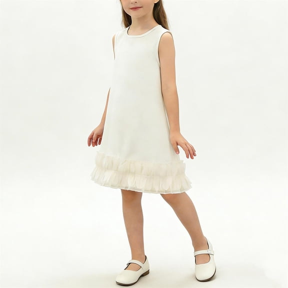 ITSAME Girls Dress, Round Neck Ruffled Hem Sleeveless Summer Casual Fashion A-Line Dress Beige 7-8T