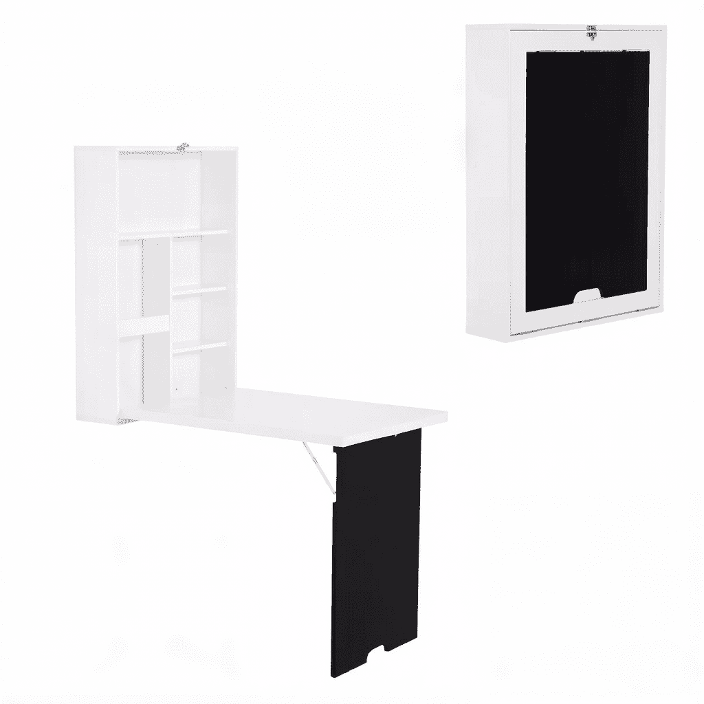 Wall Mounted Foldable Convertible Desk with Side Blackboard, P2 MDF Space Saving Floating Writing Computer Table with Multi Storage Shelves for Small Room