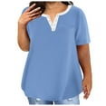 thumbnail image 2 of Frostluinai Plus Size Summer Tops for Women Short Sleeve Henley Shirts Color Block Loose Fit Blouses Funny Curved Hem Tshirts Gifts, 2 of 5
