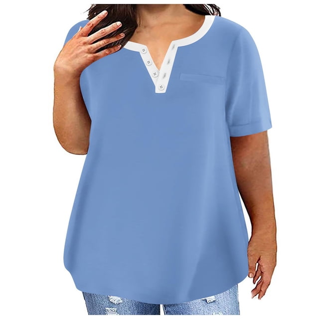 Yuyuzo Plus Size Tops for Women Notch V Neck Solid Color T Shirts Short Sleeve Basic Tees with Pocket