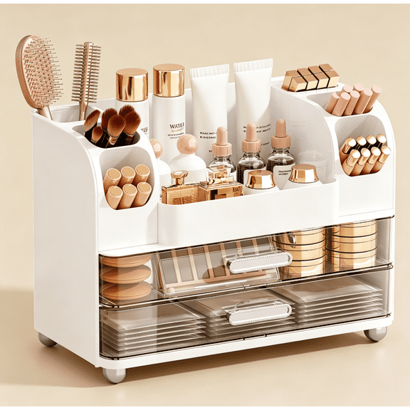 2 Tier Makeup Organizer with 2 Large Drawers and Brush Holder, Desktop Cosmetic Storage Box for Vanity Bathroom Bedroom(White)