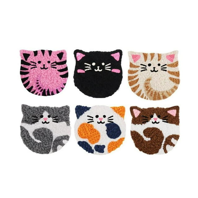 Punch Needle Kit for Beginners, Cat Pattern Punch Needle Kit with Yarns Embroidery Hoop Instruction, DIY Set of 6 Punchs Needles Cat Coasters Kits