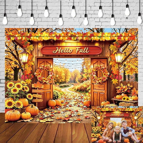 7x5FT Hello Fall Backdrop Autumn Maple Forest Leaves Pumpkin Harvest Background Happy Fall Decorations Banner Thanksgiving Party Supplies Birthday Baby Shower Photo Booth Vinyl