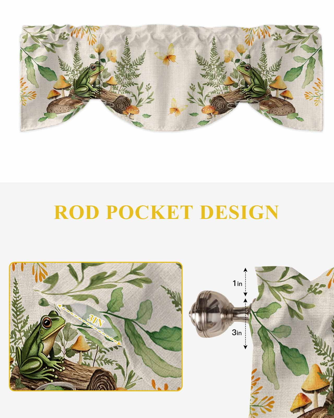 Green Frog Tie Up Valances Curtain, Adjustable Kitchen Coffee Mushroom Butterfly Vintage Linen Valances for Windows Decor, Rod Pocket Short Curtains Set for Bedroom/Bathroom, 54"x18"